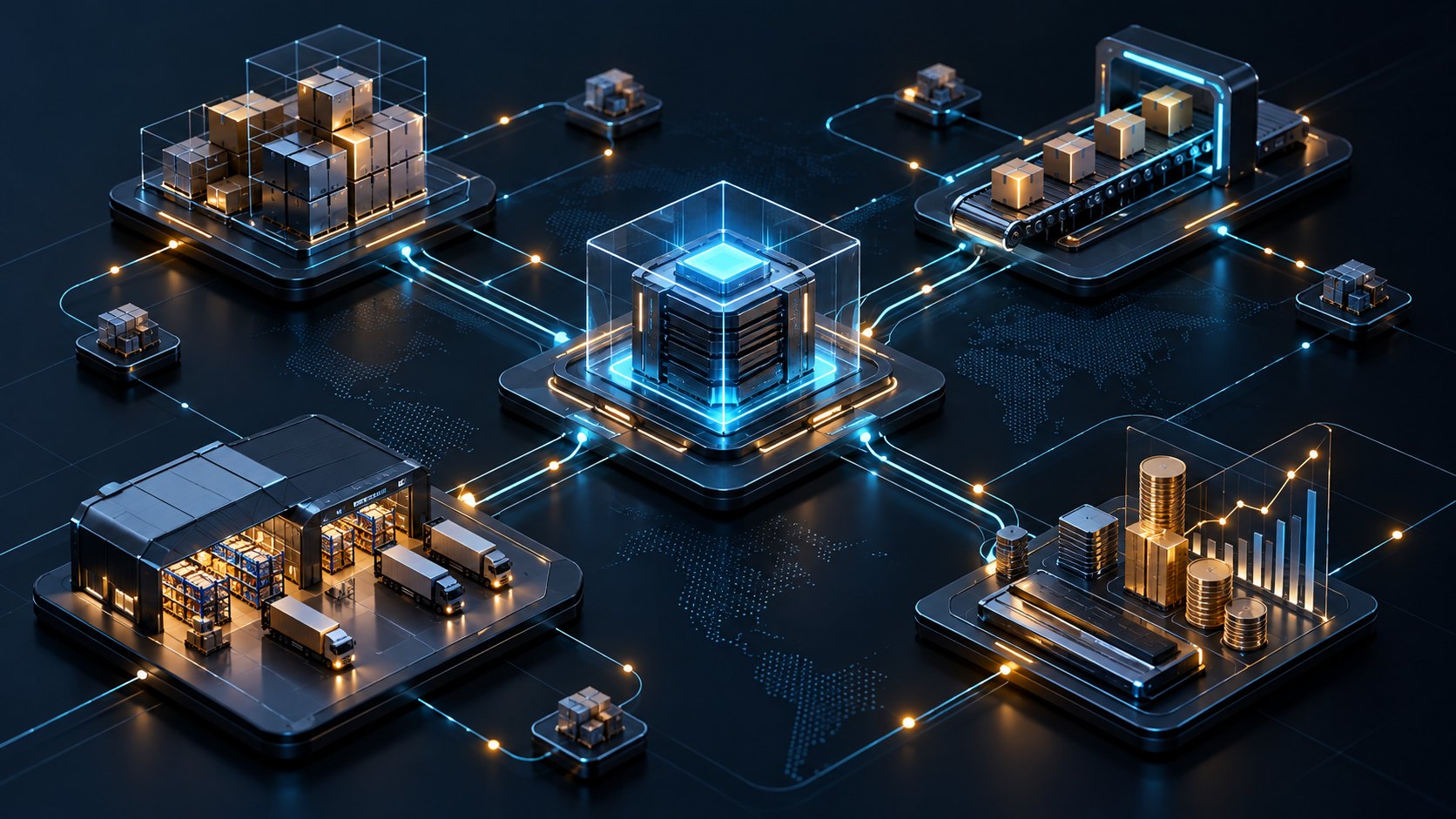 ERP operations linking warehouse, inventory, orders, and business reporting